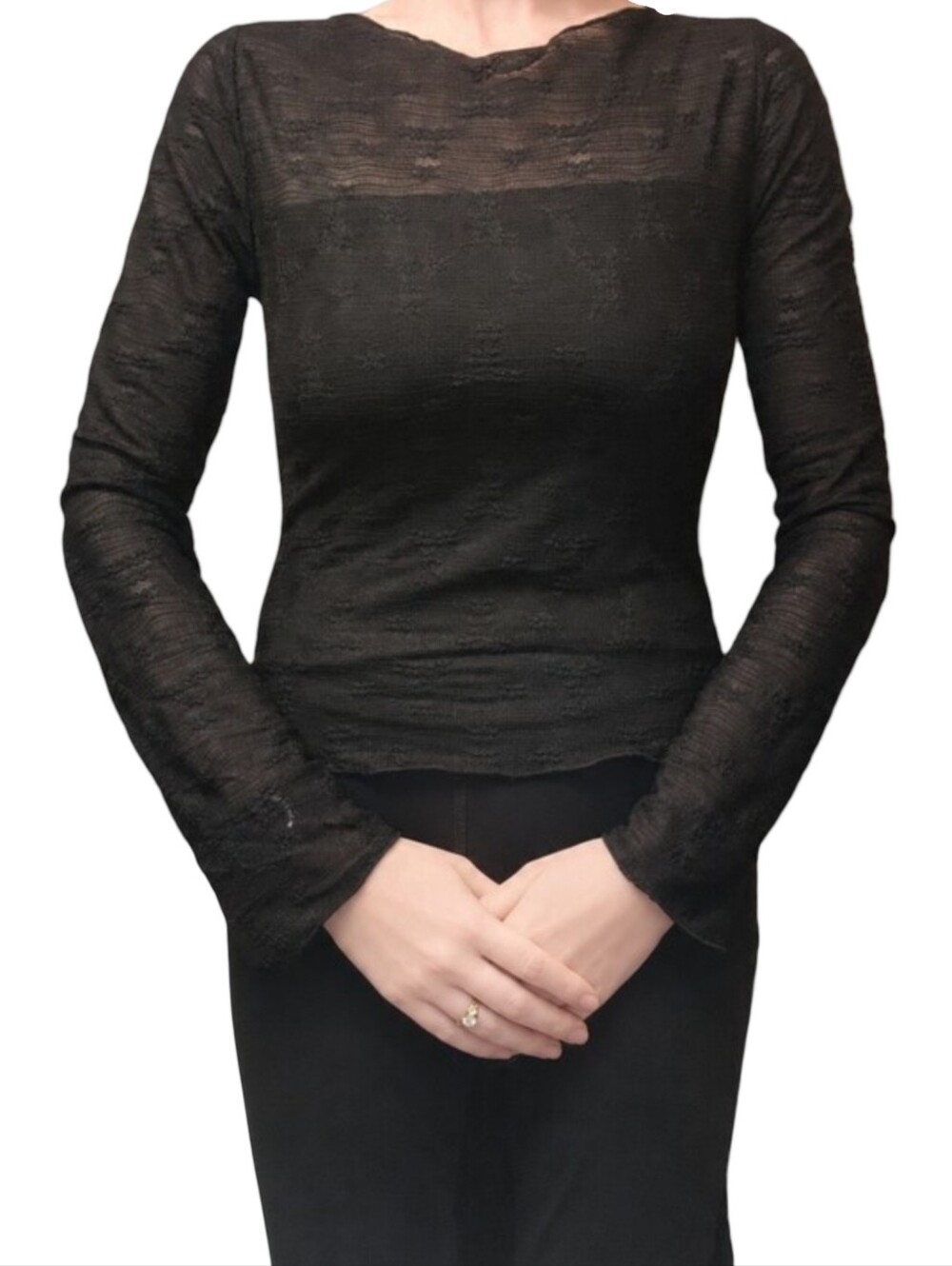 SEE YOU MONDAY Black Sheer Floral Lace Mesh Long Sleeve Top M Goth Y2K